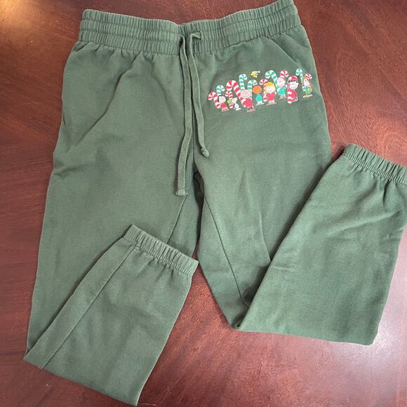 PEANUTS Womens Medium Green Red Christmas Sweatpants Snoopy Candy Cane - Picture 1 of 7